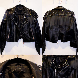 ZARA Faux Leather Studded Fringe Motorcycle Jacket